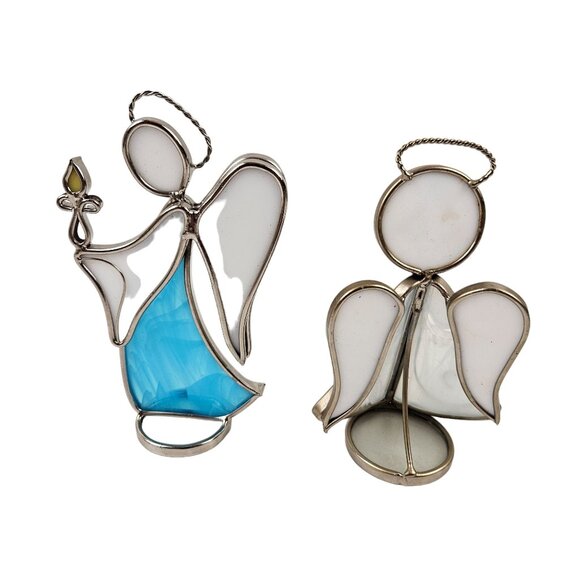 Stained Glass Angel Figurines Set of 2 Handcrafted Decorative Art White Blue - Picture 2 of 9